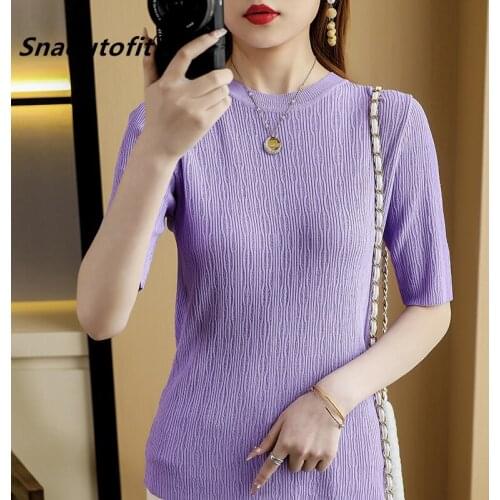 Womens 100% Cotton Short-Sleeved T-Shirt, Summer 2021, Loose, Hollow, Knitted Cotton Sweater, Round Neck, Large Size,M-L-XL-XXL