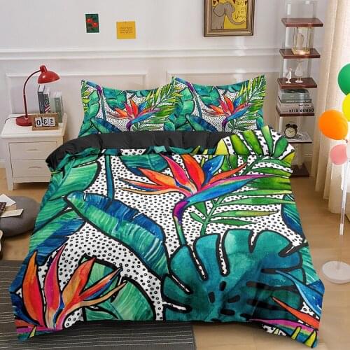 Soft Material Bedding Set Tropical Leaves And Flowers 2/3PCS Duvet Cover Sets With Pillowcase Single Double Queen King Size
