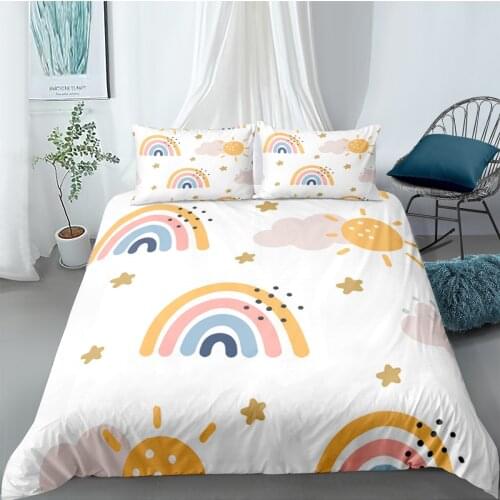 Bedding Set Rainbow Printed Quilt Cover Set Queen Size Duvet Cover Cartoon Comforter Covers Soft Bedclothes For Kids Girls
