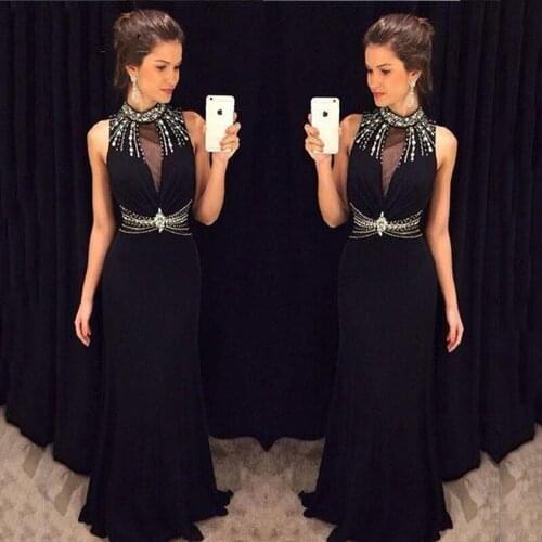 Fashion A- Line High Neck Black Chiffon Evening Gown Sexy Crystal Beading Floor Length Wedding Party Dress