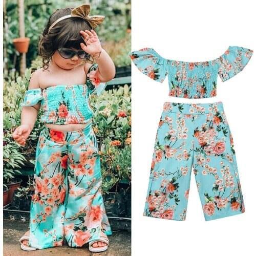 2Pieces Summer New Sweet Causal Toddler Baby Girls Floral Print Clothes Sets Off Shoulder Crop Top Tees+ Pants Summer Outfit Set