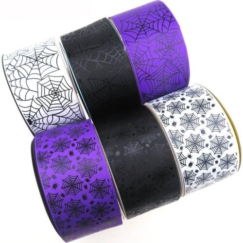 Wholesale 100Y/lot 75mm 3" black foil spider and web printed polyester grosgrain ribbon for Halloween welcome custom order