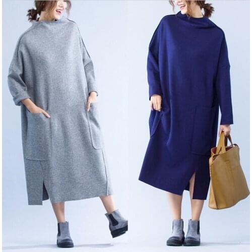 Plus Size 2020 Autumn Women Fashion Elegant Grey Blue Cotton Stretch Long Tops Ladies Female Large Loose Split Dress Vestido