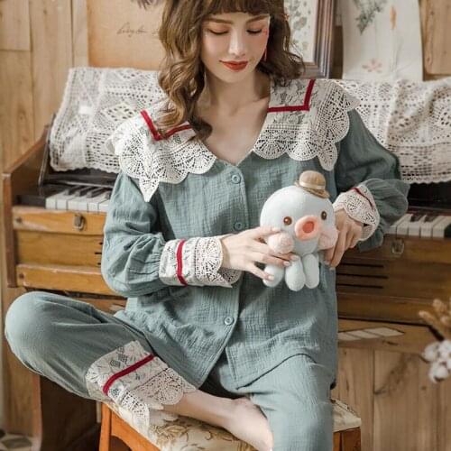 Pyjamas Women Breastfeeding Design Pregnant Set Pyjama Blue Lace Sleepwear Women Adjustable Waistband Homewear Phoentin FG281