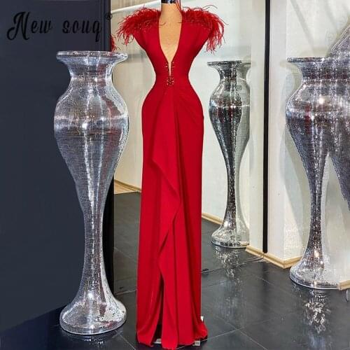 Red Celebrity Dresses Custom Made Plus Size Feather V Neck Sexy Party Dress 2021 Vestido De Novia Kaftans Pageant Longue Robes