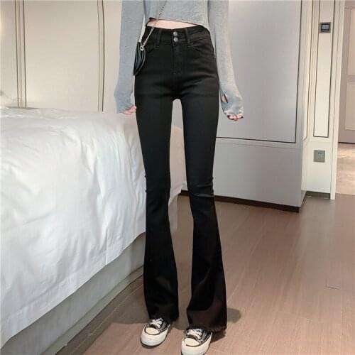 Casual Solid Slim Flare Jeans Women Korean Style Spring Denim Bell Bottom Pants 2021 New Vintage Skinny Denim Trousers Female