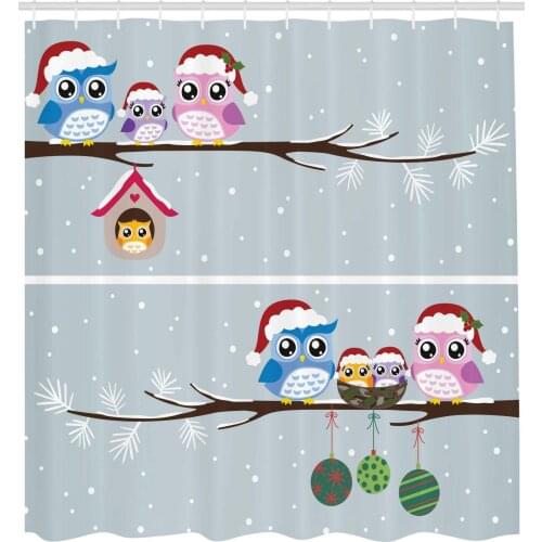 Owl Family with Santa Hats on Tree Branch with Babies in Nest Birds Snowy Winter Print