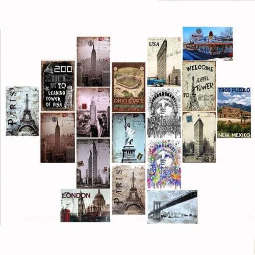 Vintage Famous Landmark Tin Sign Liberty Goddess Paris Tower Metal Plaques Art Home Decor Pub Cafe Restaurant Painting Iron Sign