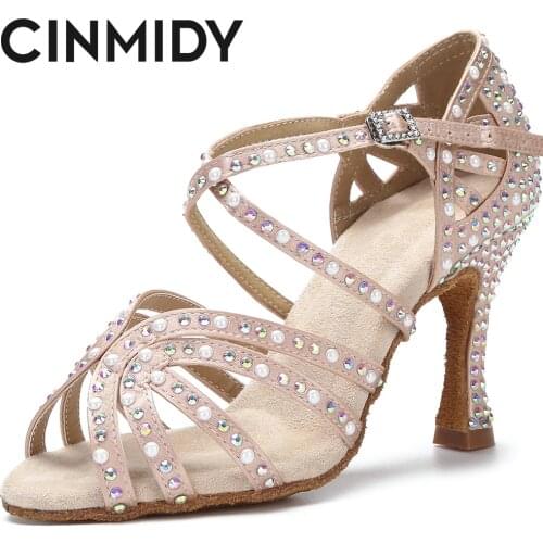 CINMIDY Pearl Decoration Women Latin Dance Shoes Tango Jazz Dance Training Shoes Ladys Girls Rhinestones High Dance Heels