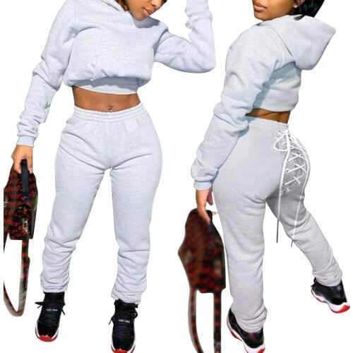 Womens Tracksuits Autumn Spring Long Sleeve Hoodies Crop Top Hip Lace-up Joggers Pants Female Outfit Solid Color Two Pieces Set