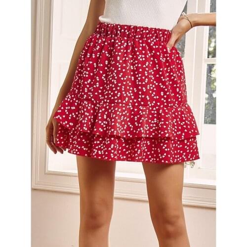 Womens High Waist Polka Dot Ruffled Floral Half-Length Skirt Beach Dress Red