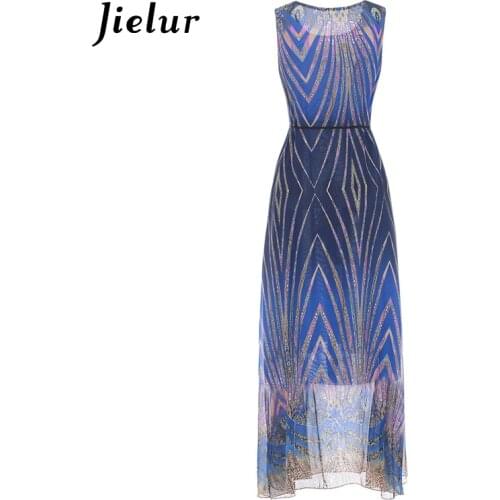 Jielur Summer Geometric Printed Sleeveless Chiffon Fashion Slim O-neck Empire Long Dress Women S-XL Blue Yellow Lady Polyester
