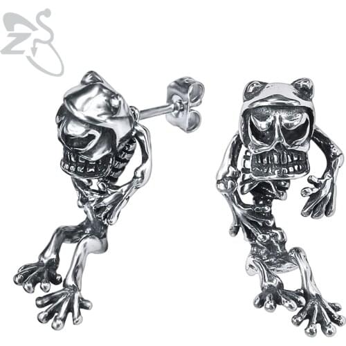 ZS Punk Skeleton Stud Earrings Mens Skull Stainless Steel Jewelry 1 Pair Rock Roll Earring Hip Hop Jewelry Biker Accessories