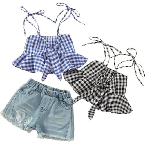 2021 1-6Y Fashion Baby Girl Clothing Bow Straps Ruffle Decoration Plaid Printing Crop Top+Holes Denim Shorts Summer Outfits 2pcs