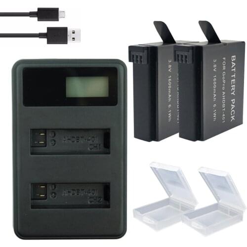 2x Go Pro hero 4 batteries AHDBT-401 bateria + USB dual LCD battery charger For GoPro Hero4 Action camera accessories