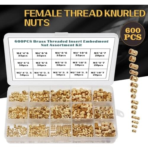 390/600Pcs M2 M3 M4 M5 Female Thread Knurled Nuts Brass Threaded Insert Round Injection Moulding Knurled Nuts Assortment Kit