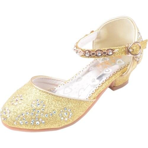 Rhinestone Childrens Shoes Princess Girls Sandals Cinderella Kids High Heels Teenager Dance Soft-Sole Gold Walking Show-Shoe