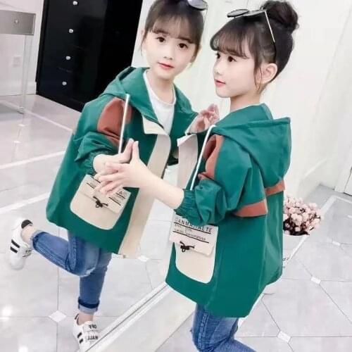 Spring Autumn trench coat for girls Children Patchwork Hoodie Jacket Vintage Kids Windbreaker Girl Elegant Raincoat Clothing