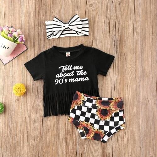 0-24M Newborn Infant Baby Girls Boys Clothes Sets Letter Print Short Sleeve Tassel T Shirts Tops+Sunflower Shorts Headband