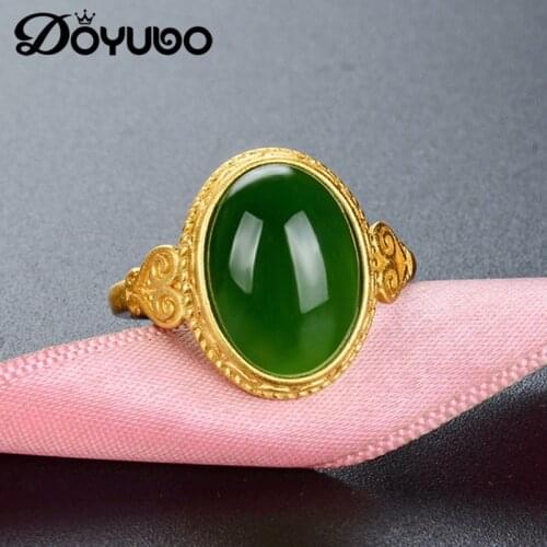 DOYUBO Vintage Women Sterling Silver Sargin Ring Green Oval Jasper Classical Gold Color Pure Silver Precious Ring Jewelry VB445