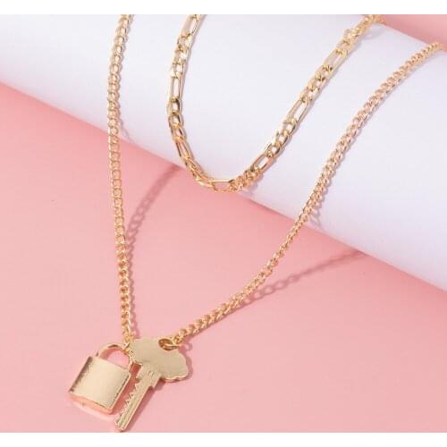 DY6 2pcs Multi Layer Lover Lock Key Pendant Choker Necklace Steampunk Padlock Heart Chain Necklace Collier Best Couple Jewelry
