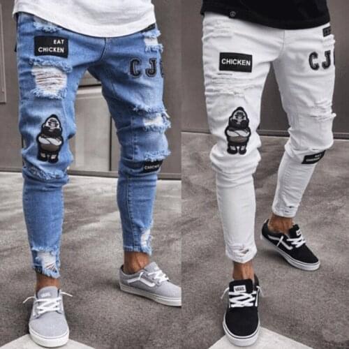 Trendy Cartoon Letter Pattern Embroidery Jeans Men Mid Waist Slim Skinny Stretch Casual Wild Destroyed Hole Ripped Trousers