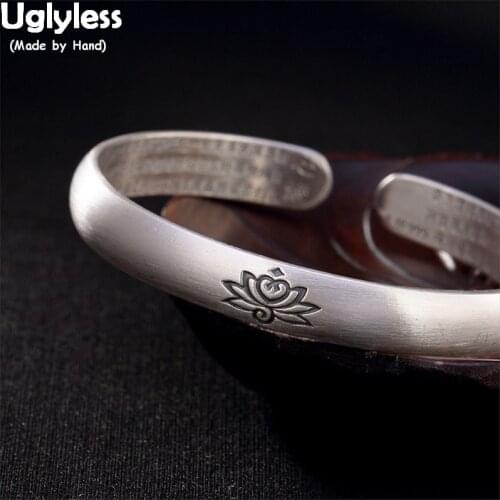Uglyless Elegant Lotus Bangles for Women Heart Sutra Open Bangles Solid 99.9% Pure Silver Frosted Buddhism Bracelets Heart Sutra