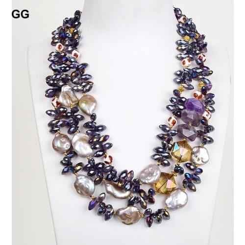 GG Jewelry 20' 3 Strands Purple Amethyst Crystal Keshi Pearl Necklace