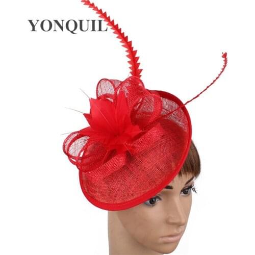 Sinamay Fascinator Headwear Sinamay Base with Feather Cocktail Hats Red Wedding Millinery Hair Accessories 17 Color High Quality