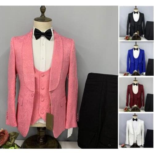 2021 Classic formal Pink jacquard wedding suits men slim 3 piece groom tuxedo Shawl collar black pants man casual party Blazer