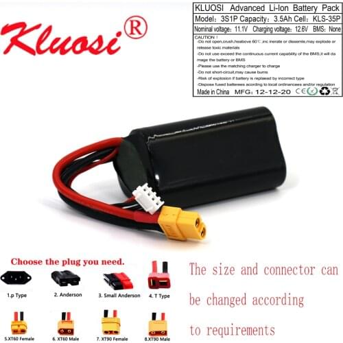 KLUOSI 3S1P 12V 3.5Ah 12.6V High Capacity UAV Rechargeable Li-ion Battery for Various RC Airplane Drone Quadrotor XH2.54-4P XT60