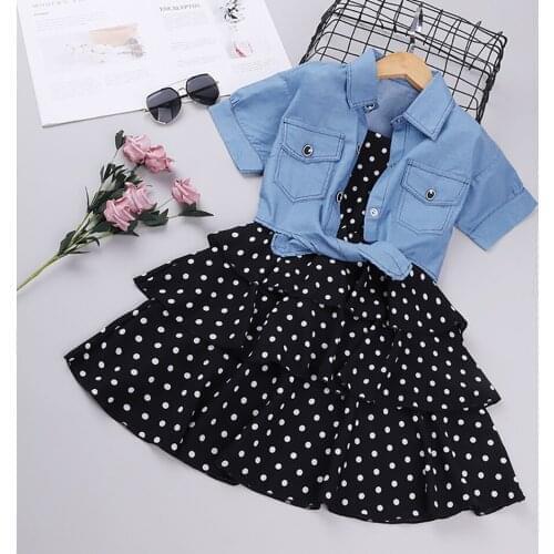 2021 Girls Summer Layered Dress Suit Suspender Polka Dot Skirt+Denim Short Sleeve Coat Top 2PCS Children Denim Dress Clothing