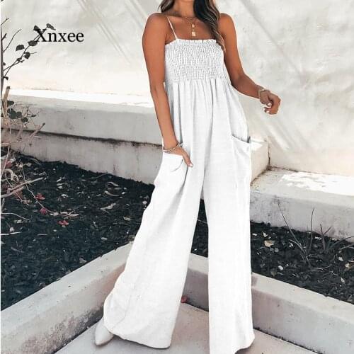 Summer Women Spaghetti Strap Straight Rompers Solid Wide Leg Jumpsuit Elastic High Waist Long Pants Casual Office Lady Overalls