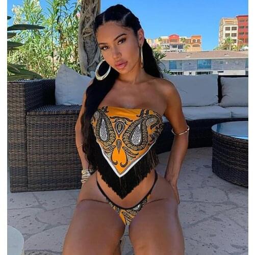 Yiiciovy Summer Women Sexy Bathing Suits Sexy Ladies Floral Print Boat Neck Fringe Tassles Bikini Tank Tops + Thong Bikini Sets