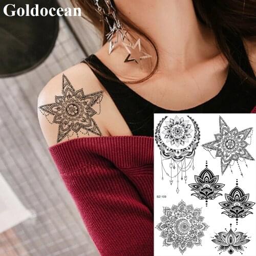 GoldOcean Mandala Henna Flower Black India Stars Fake Tattoos Stickers Women Chest Arm Tattoos Temporary Custom Body Art Tatto