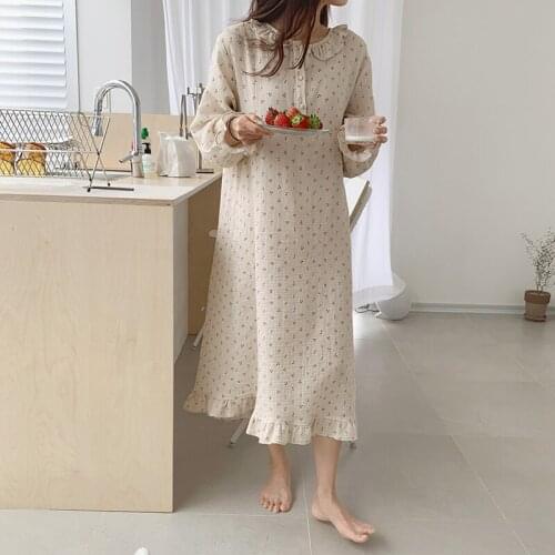 Cute Autumn Ruffle Nightgown Women 100% Cotton Cherry Print Sleepdress Loose Homewear Casual Long Sleeve Nightdress Sexy Soft