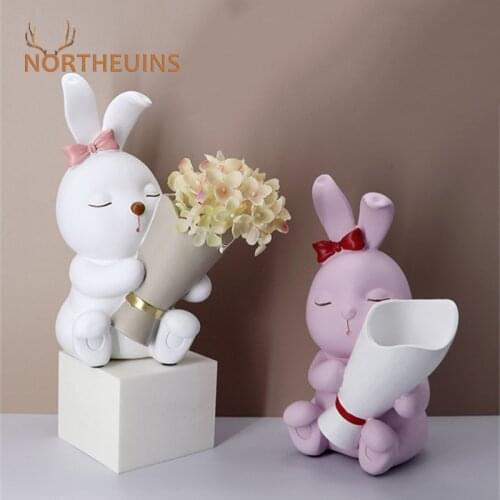 NORTHEUINS Resin Rabbit Flower Vases Creative Animal Figurines For Interior Decorative Pot Support For Flowers Nordic Home Decor
