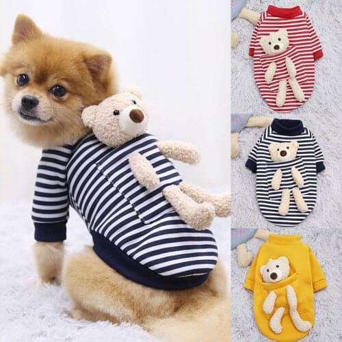 Autumn Winter Dog Clothes With Cute Plush Bear Puppy Striped Hoodie Fashion Pet Dog Sweater Cartoon Bear Casual Pet Supplies