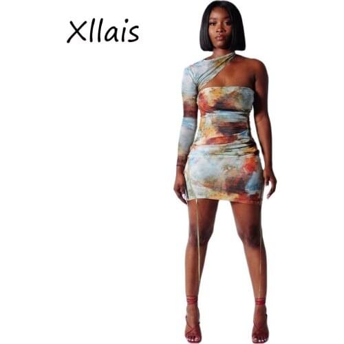 XLLAIS Print Stretchy Ruched Party Dresses Women Sexy One Shoulder Strapless Mini Vestidos Lady Casual Bodycon Slim Clothes
