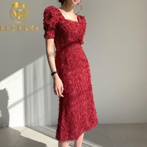 Korean Chic Summer Women Dress Square collar Heavy Industry Feather Tassel Slim High waist Mid-length Bag Hip Dress Female