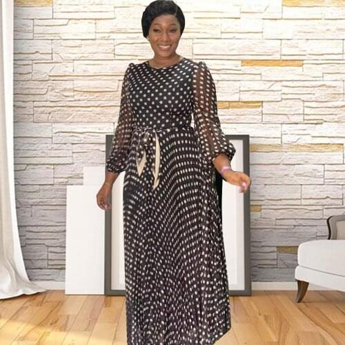 Polka Dot Dresses Women Long Puff Sleeve African Maxi Dress New Muslim Fashion Sexy Evening Gowns with Sashes