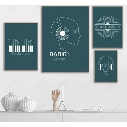 Pop Music Studio Creative Canvas Painting Wall Art Guitar Radio Minimalist Line Drawing Blue Paper Posters and Prints Home Decor