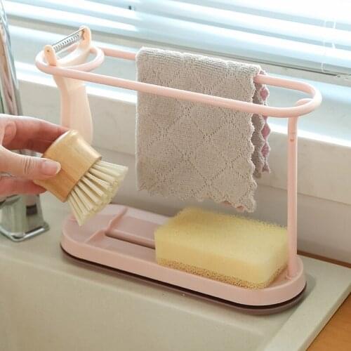 Removable Storage Rack Kitchen Cloth Shelf Storage Organizer Containers Oval Double Rod Suspension Sponge Plastic Boxes