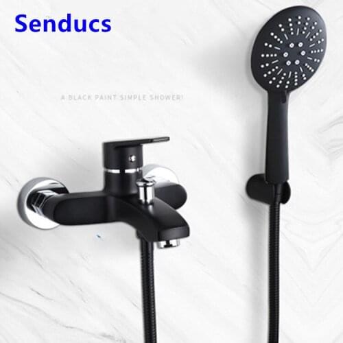 Hot and Cold Bathroom Shower Faucet Mixer Black and Chrome Wall Mounted Simple Shower Set Triple Shower and Bath Water Tap