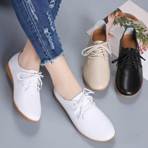Flat Pumps Womens 2021 Autumn Womens Shoes round Toe Lace-up White Shoes Womens All-Match Autumn Leisure Leather Shoes
