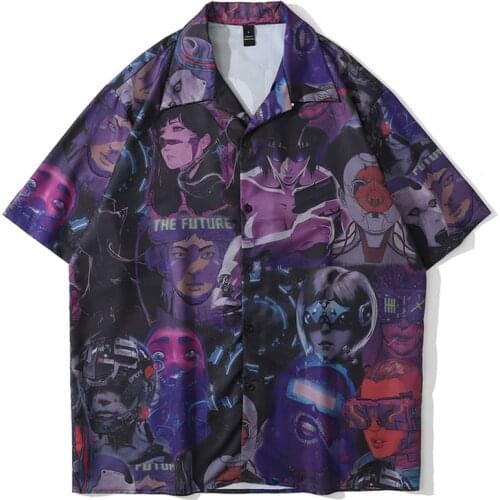 Anime Character Print Men Harajuku Vintage Shirt Blouse Unisex Oversize Short Sleeve 2021Summer Hawaii Holiday Loose Shirts Tops