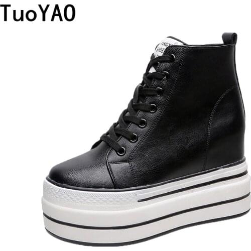 New 2020 Autumn High Platform Sneakers 10CM High Heels Women Thick Sole Ankle Boots Leather Wedge Winter Casual Shoe White Boots