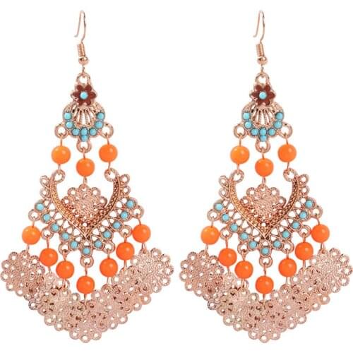 Jouval Ethnic Vintage Beads Carved Flower Long Drop Earrings For Women Statement Geometric Tassel Dangle Brincos Female Jewelry