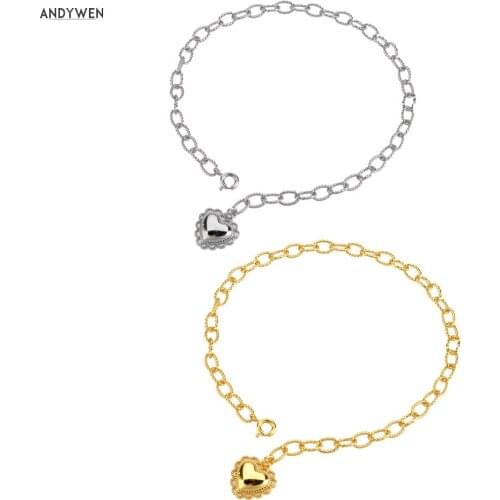 ANDYWEN 925 Sterling Silver Gold Ancklet Foot Chain Bracelet Heart Pendant Women Crystal Luxury Circle Big Chain Jewelry For You