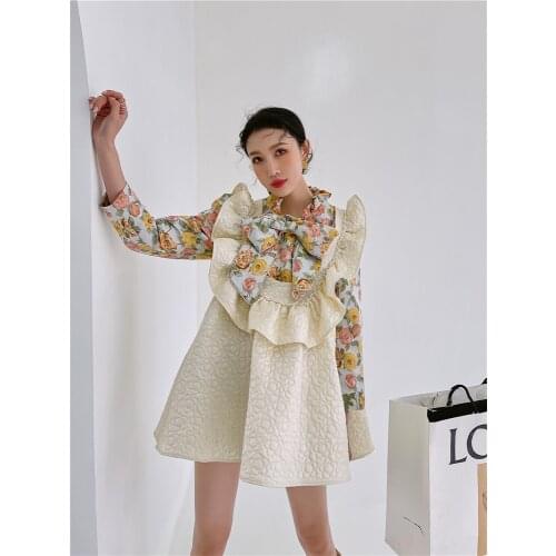 Elegant Fashion 2-Piece Set Women Bow Collar Puff Long Sleeve Flower Print Shirt Top + Lovely Pearl Clip Vest Ruffled Dress Set